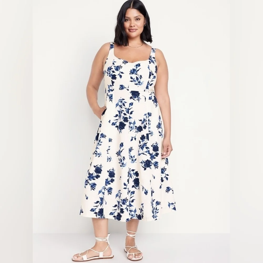 NWT Old Navy Blue Floral Fit & Flare Linen Dress Size M - Picture 4 of 9